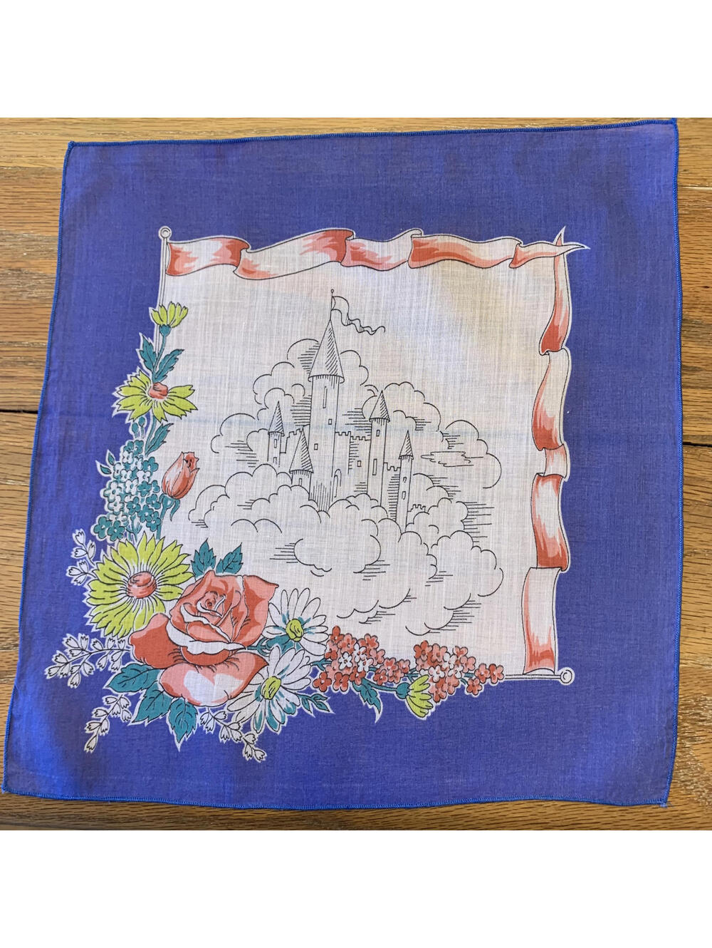 Vintage Blue Bordered Castle in the Clouds Handkerchief